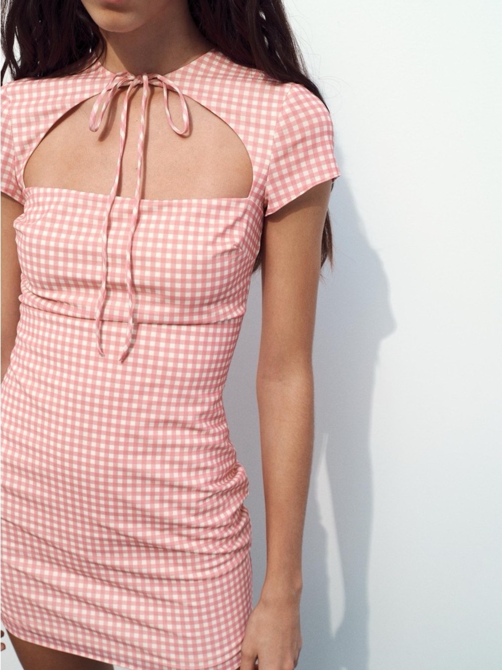 Zara Pink Gingham Cutout Tie-Front Bodycon Dress